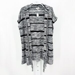 Arianna By Howard Womens Cardigan One Sz Black White Stripe Hooded Fringe Duster
